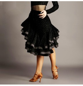 Black turquoise velvet leopard irregular ruffles hem women's female ladies competition performance professional latin ballroom dance skirts